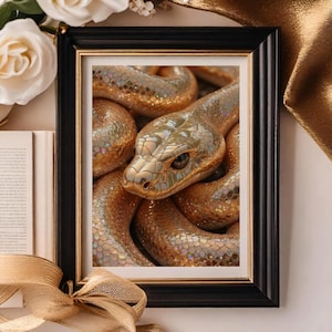 Stampa artistica da parete con serpente olografico dorato, opera d'arte digitale raffigurante un rettile, decorazione fantasy glamour con animali per case in stile witchcore e gotico.