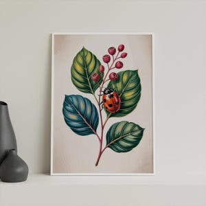 Ladybug wall art print, botanical insect poster, nature printable decor, vintage bug illustration, digital garden artwork, cottagecore print