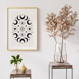 Moon and eye wall art celestial spiritual decor boho mystical symbols poster digital download black white printable