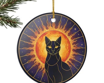Celestial Sun Cat Ornament | Stained Glass Style Black Cat Decor | Witchy Cat Ornament | Gothic Sun Catcher Gift - Ceramic