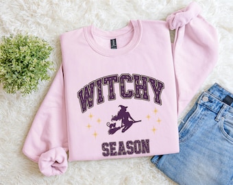 Witchy Season Sweatshirt | Gildan 18000 Crewneck | Cozy Fall Witchcore Sweater | Witch on Broom Shirt | Halloween Autumn Aesthetic