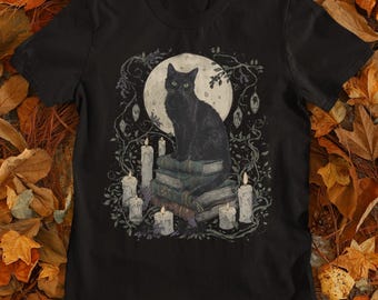 Witchcore Black Cat T-Shirt, Gothic Mystical Design