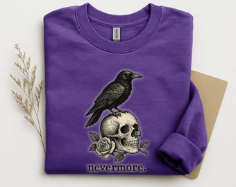 Raven Skull Sweatshirt, Nevermore Gothic Poe Crewneck, Dark Academia Pullover