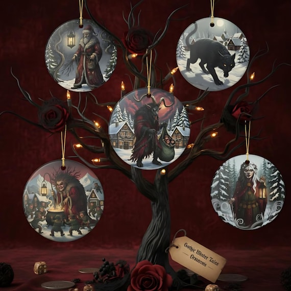 Dark Winter Legends Ornaments – Krampus, Frau Perchta, Yule Cat, Belsnickel, Gryla – Gothic Folklore Creepmas Decor