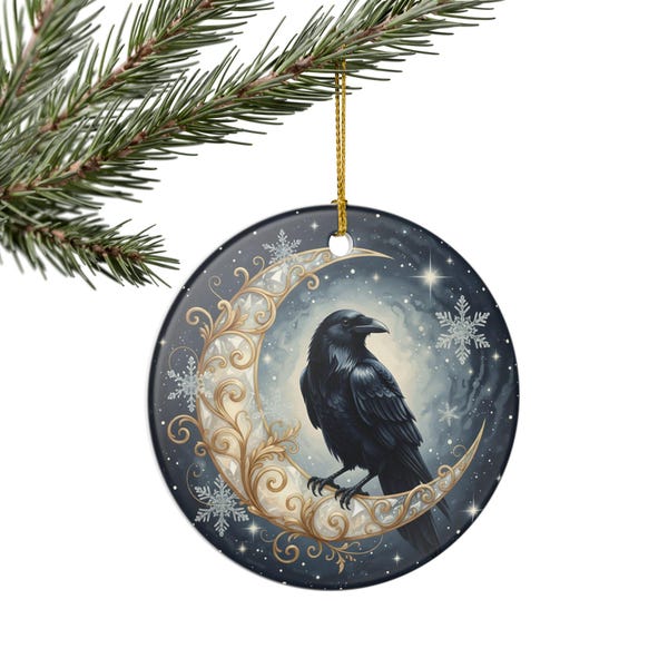 Raven Moon Ornament | Celestial Gothmas Decor | Witchcore Yule Gift | Dark Fantasy Christmas Ornament