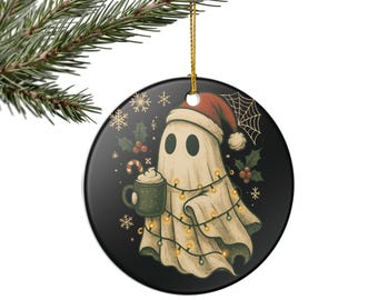 Christmas Ghost Ornament | Cozy Creepmas Decor | Cute Spooky Christmas Ornament | Gothic Holiday Gift | Ghost with Cocoa - Black