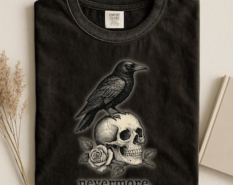 Raven Skull Nevermore Gothic T-Shirt, Vintage Poe Shirt, Dark Academia Tee Comfort Colors 1717