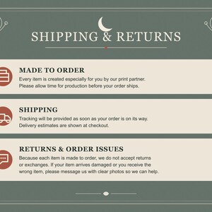May include: A sage green informational graphic with a white border and a crescent moon icon at the top. It features the text SHIPPING & RETURNS followed by three sections titled MADE TO ORDER, SHIPPING, and RETURNS & ORDER ISSUES with icons.