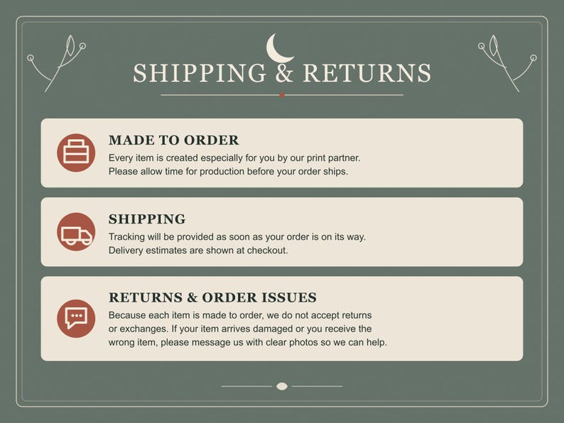 May include: A sage green informational graphic with a white border and a crescent moon icon at the top. It features the text SHIPPING & RETURNS followed by three sections titled MADE TO ORDER, SHIPPING, and RETURNS & ORDER ISSUES with icons.