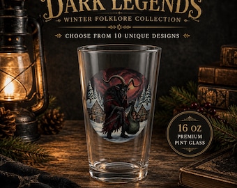 Dark Legends Winter Folklore Pint Glass Krampus Mari Lwyd Yule Cat & More l Gothic Christmas Beer Glass 160z Folklore Gothmas Drinking Gift