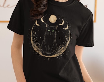 Mystische Katze Mond Mond Phasen T-Shirt - Witchcore Celestial Goth Graphic Tee Comfort Farben 1717