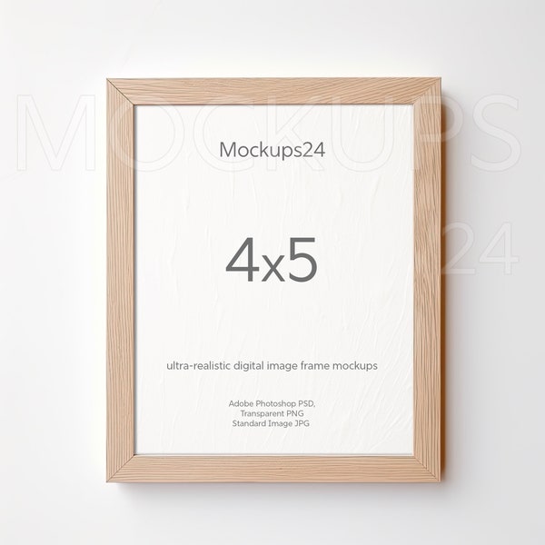 4x5 Wood Frame Mockup Simple Vertical Minimalist Wall Framed Art. 4:5 Wooden Frame Template. Transparent PNG, JPG, PSD Smart Object