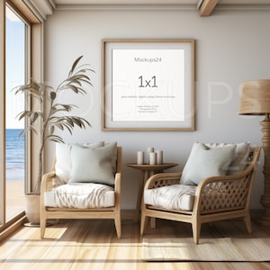1x1 Square Beach House Room Wall Frame Mockup. Nautical Art Mockup Frame 1:1 Sea Decor  Frame Template Transparent PNG JPG PSD Smart Object