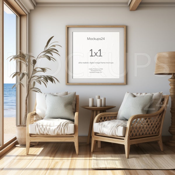 1x1 Square Beach House Room Wall Frame Mockup. Nautical Art Mockup Frame 1:1 Sea Decor  Frame Template Transparent PNG JPG PSD Smart Object