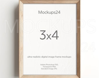 3x4 Wood Frame Mockup Simple Vertical Minimalist Wall Framed Art. 3:4 Wooden Frame Template. Transparent PNG, JPG, PSD Smart Object
