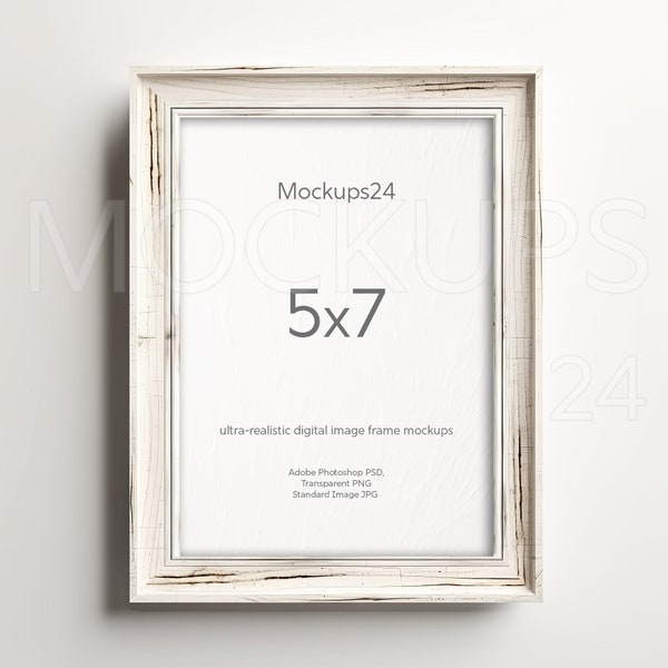 5x7 Rustic Painted Wood Frame Mockup Minimalist Vintage Wall Frame Art 5x7 Old Wooden Frame Template. Transparent PNG, JPG, PSD Smart Object