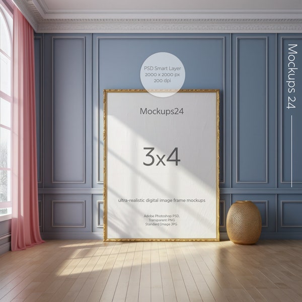 3x4 Vertical Thin Gold Frame Mockup Vintage Blue and Pink Interior 3:4 Elegant Golden Frame Mockup. Transparent PSD Smart Object