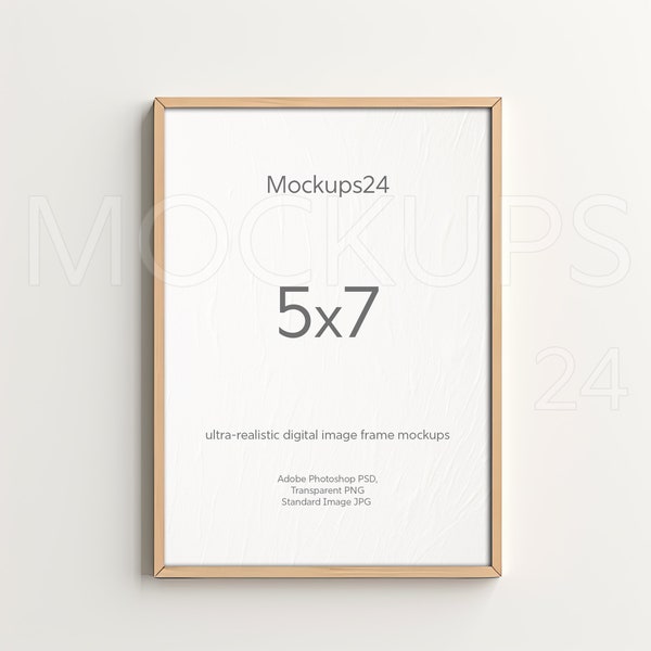 5x7 Wood Frame Mockup Minimalist Wall Art Frame Template 5x7 Light European Style Wooden Frame. Transparent PNG, JPG, PSD Smart Object