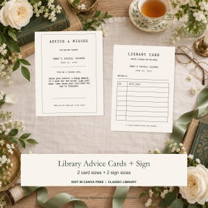 Pode incluir: Dois cartões retangulares brancos com texto e bordas pretas. O cartão esquerdo diz Advice & Wishes for Emma's Bridal Shower June 14, 2027. O cartão direito é um Library Card para Emma's Bridal Shower June 14, 2027 com uma grade de linhas.