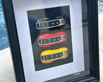 Porsche frame decoration with car keys and German flag.