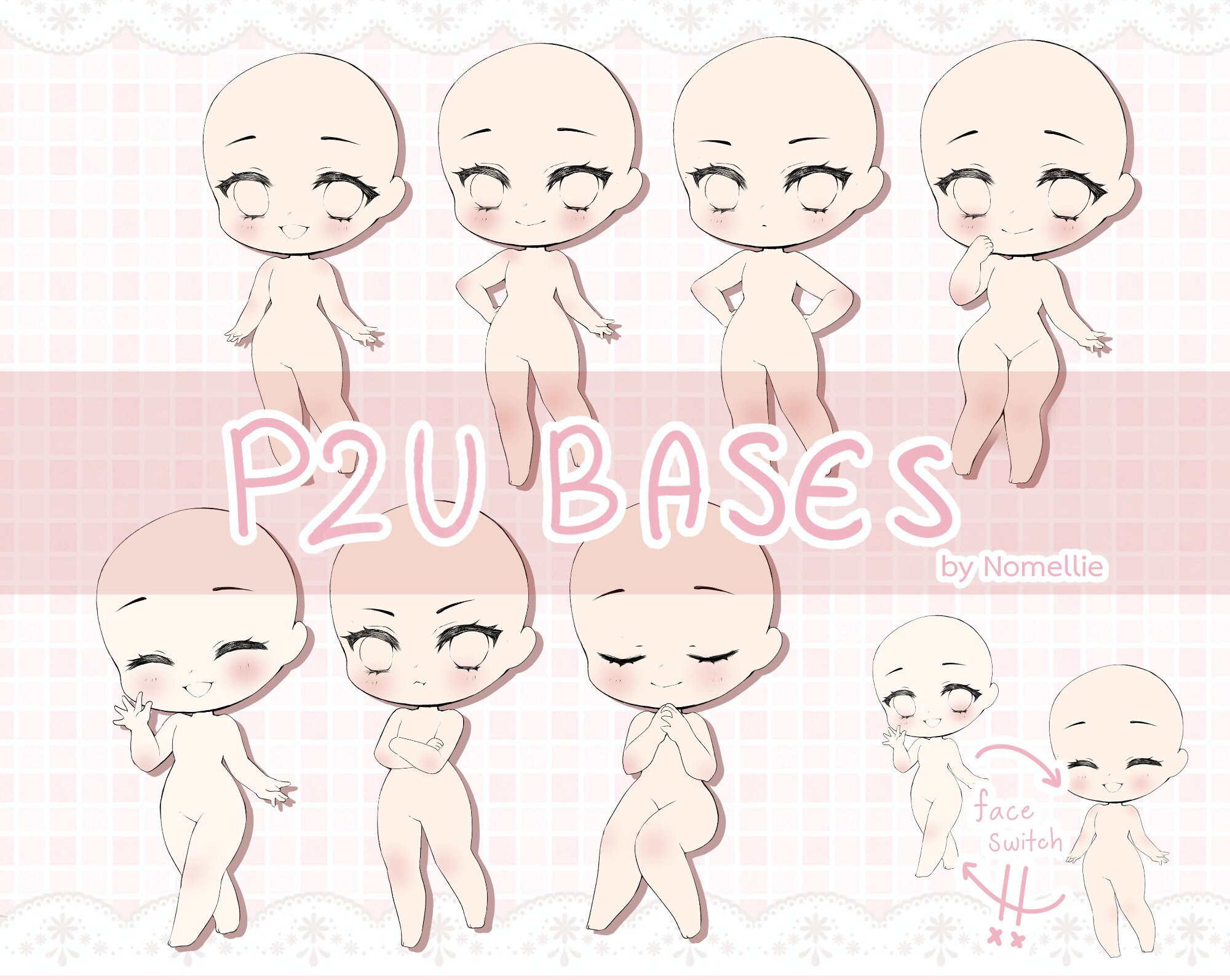 Pack de bases chibi digital – 7 poses PSD y PNG | Plantillas de uso comercial para adopts, YCH y comisiones