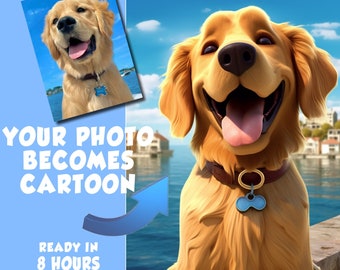 Gepersonaliseerd digitaal huisdierenportret van een hond of kat als personage in Pixar-stijl, 3D-cartoon, om af te drukken voor poster of frame