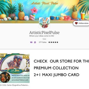 Op de afbeelding: Een kleurrijk beeld van een 2+1 Maxi Jumbo Card met een cartoon afbeelding van een Pok&eacute;mon kaart. De kaart is een holografische kaart met een blauwe, groene en gouden rand. De tekst op de kaart luidt "2+1 Jumbo Collection". De afbeelding bevat ook een cartoon afbeelding van een konijn dat een rood shirt en een witte hoed draagt. De tekst "Kijk in onze winkel voor de Premium Collection 2+1 Maxi Jumbo Card" wordt onder de afbeelding weergegeven.