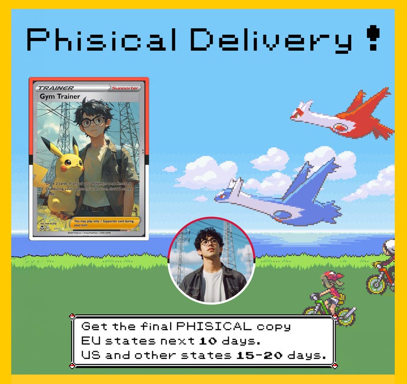 Op de afbeelding: Een Pokemon-verzamelkaart met een Gym-trainer en een Pikachu. De kaart is omgeven door een gepixelde achtergrond met een blauwe lucht, witte wolken en vliegende Pokemon. De tekst op de kaart luidt "Gym-trainer". De tekst onder de afbeelding luidt "Haal de definitieve PHYSISCHE kopie EU-landen volgende 10 dagen. VS en andere landen 15-20 dagen."
