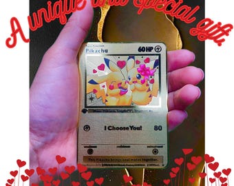 I Choose You – Pikachu in Love: Male & Female Pikachu - Gold Metal Card. A special gift, perfect for a unique and unforgettable thought.