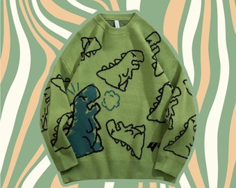 Suéter bordado de dinosaurios, top Y2K, Harajuku, suéter de punto, suéter con estampado animal, sudadera de gran tamaño, moda coreana, suéter de abuelo