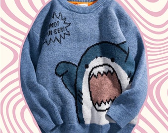 Cute Shark Sweater, Y2K Top, Knitted Sweater, Harajuku, Warm Sweater, Oversized Pullover, Korean Fashion, Y2K Clothing, Knitwear