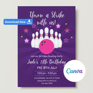Editable Bowling Birthday Party Invitation, Bowling Birthday Party Invite, Bowling Party Invitation, Bowling Party Invite