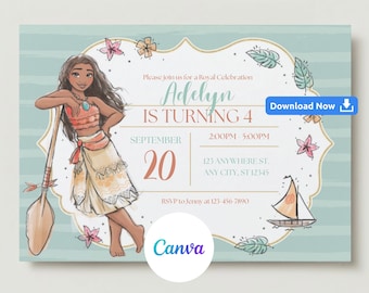 May include: A blue and white striped background with a cartoon illustration of a girl with brown hair and a brown and orange outfit. The text "Please join us for a Royal Celebration Adelyn is turning 4 September 20 2:00PM - 5:00PM 123 Anywhere St. Any City, ST 12345 RSVP to Jenny at 123 456 7890" is on the invitation. The text "Download Now" is in a blue box with a download icon.
