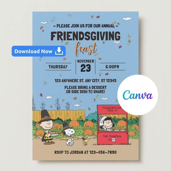 Editable Charlie Brown Friendsgiving Invitation, Charlie Brown Friendsgiving Invite, Charlie Brown Friendsgiving Party Invite, Peanut Gang