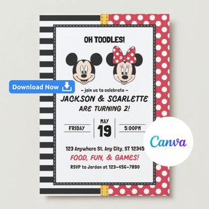 Editable Mickey and Minnie Mouse Birthday Party Invitation, Mickey and Minnie Mouse Birthday Party Invite, Mickey and Minnie Invitation