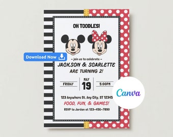 May include: A black and white striped and red polka dot birthday invitation with Mickey Mouse and Minnie Mouse characters. The invitation says "Oh Toodles!" and "Jackson & Scarlette are turning 2!" with the date and time of the party.
