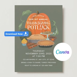 Editable Thanksgiving Potluck Invitation, Thanksgiving Potluck Invite, Thanksgiving Potluck Party Invitation, Friendsgiving Potluck Invite