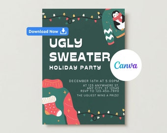 Puede incluir: Una invitación verde con fondo blanco para una fiesta de suéteres feos de Navidad. La invitación incluye un pingüino con un suéter, una media navideña y una cadena de luces navideñas. El texto de la invitación dice "Ugly Sweater Holiday Party", "December 16th at 5:00PM", "At 123 Anywhere St. Any City, ST 12345", "RSVP to 123-456-7890", y "The Ugliest Wins a Prize!"