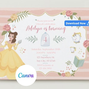 Editable Princess Belle Birthday Party Invitation, Princess Belle Birthday Party Invite, Princess Belle Birthday Invitation, Belle Invite