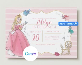 Peut inclure: Invitation d'anniversaire rose et or avec une illustration aquarelle de la Belle au bois dormant, de trois fées et d'une roue de filage. Le texte indique "Veuillez vous joindre à nous pour une célébration royale Adelyn a 4 ans Septembre 20 14h00 - 17h00 123 Anywhere St. Any City, ST 12345 RSVP à Jenny au 123 456-7890".