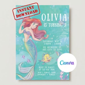 Editable The Little Mermaid Birthday Party Invitation, Ariel Birthday Party Invite, Little Mermaid Birthday Invite