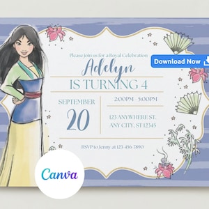 編集可能なプリンセス ムーランの誕生日パーティー招待状、プリンセス ムーランの誕生日パーティー招待状、プリンセス ムーランの誕生日招待状