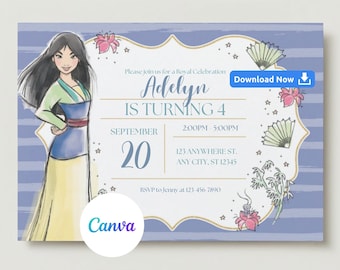 May include: A purple and white striped invitation with a cartoon illustration of Mulan, a Disney princess. The invitation says "Please join us for a Royal Celebration Adelyn is turning 4 September 20 2:00PM 5:00PM 123 Anywhere St. Any City, ST 12345 RSVP to Jenny at 123 456 7890 Download Now".