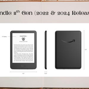 May include: Black Kindle 11th Gen e-reader, 2022 and 2024 release, with a 6-inch display. The image shows the front, side, and back of the device. Dimensions are 12.4 cm wide, 15.7 cm high, and 0.8 cm thick. The back features the Amazon logo.