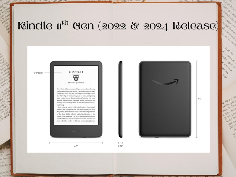 May include: Black Kindle 11th Gen e-reader, 2022 and 2024 release, with a 6-inch display. The image shows the front, side, and back of the device. Dimensions are 12.4 cm wide, 15.7 cm high, and 0.8 cm thick. The back features the Amazon logo.