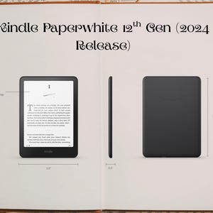 May include: Black Kindle Paperwhite 12th Gen (2024 Release) e-reader, displayed from three perspectives. The front view shows text on the screen, the side view indicates a 0.8 cm thickness, and the back view features the Amazon logo. The device is 12.7 cm wide and 17.8 cm tall.