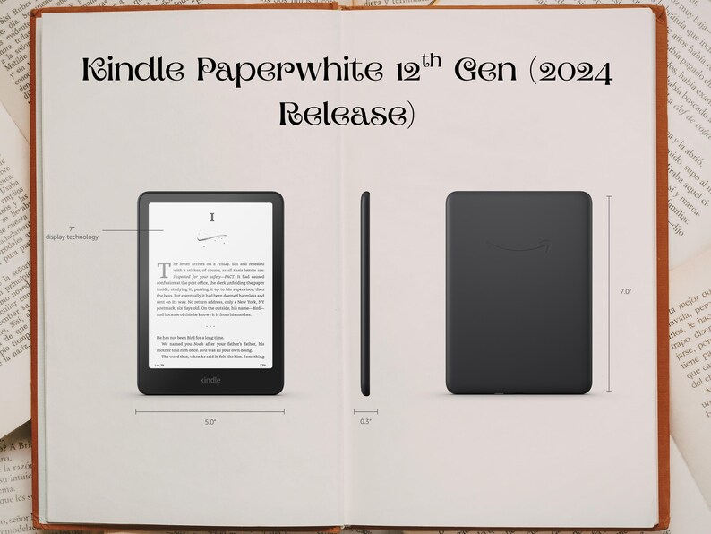 May include: Black Kindle Paperwhite 12th Gen (2024 Release) e-reader, displayed from three perspectives. The front view shows text on the screen, the side view indicates a 0.8 cm thickness, and the back view features the Amazon logo. The device is 12.7 cm wide and 17.8 cm tall.
