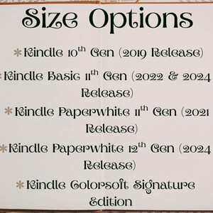 May include: A white page with the words "Size Options" in a decorative font. Below, a list of Kindle models and release years is displayed, including Kindle 10th Gen, Basic 11th Gen, and Paperwhite models.