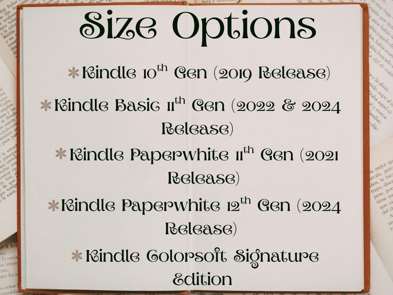 May include: A white page with the words "Size Options" in a decorative font. Below, a list of Kindle models and release years is displayed, including Kindle 10th Gen, Basic 11th Gen, and Paperwhite models.