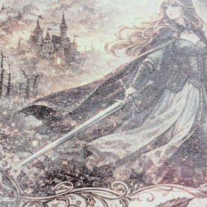 May include: A vintage-style illustration depicting a woman in a black cloak holding a sword, with a castle and forest in the background. The artwork features muted tones and detailed imagery, evoking a fantasy theme.